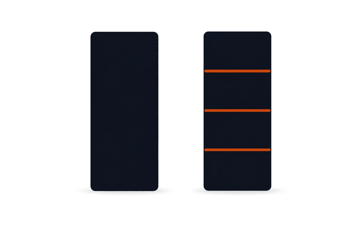 Two text columns of equal height: the left one a single unbroken ink block, the right one split by three short orange rules.