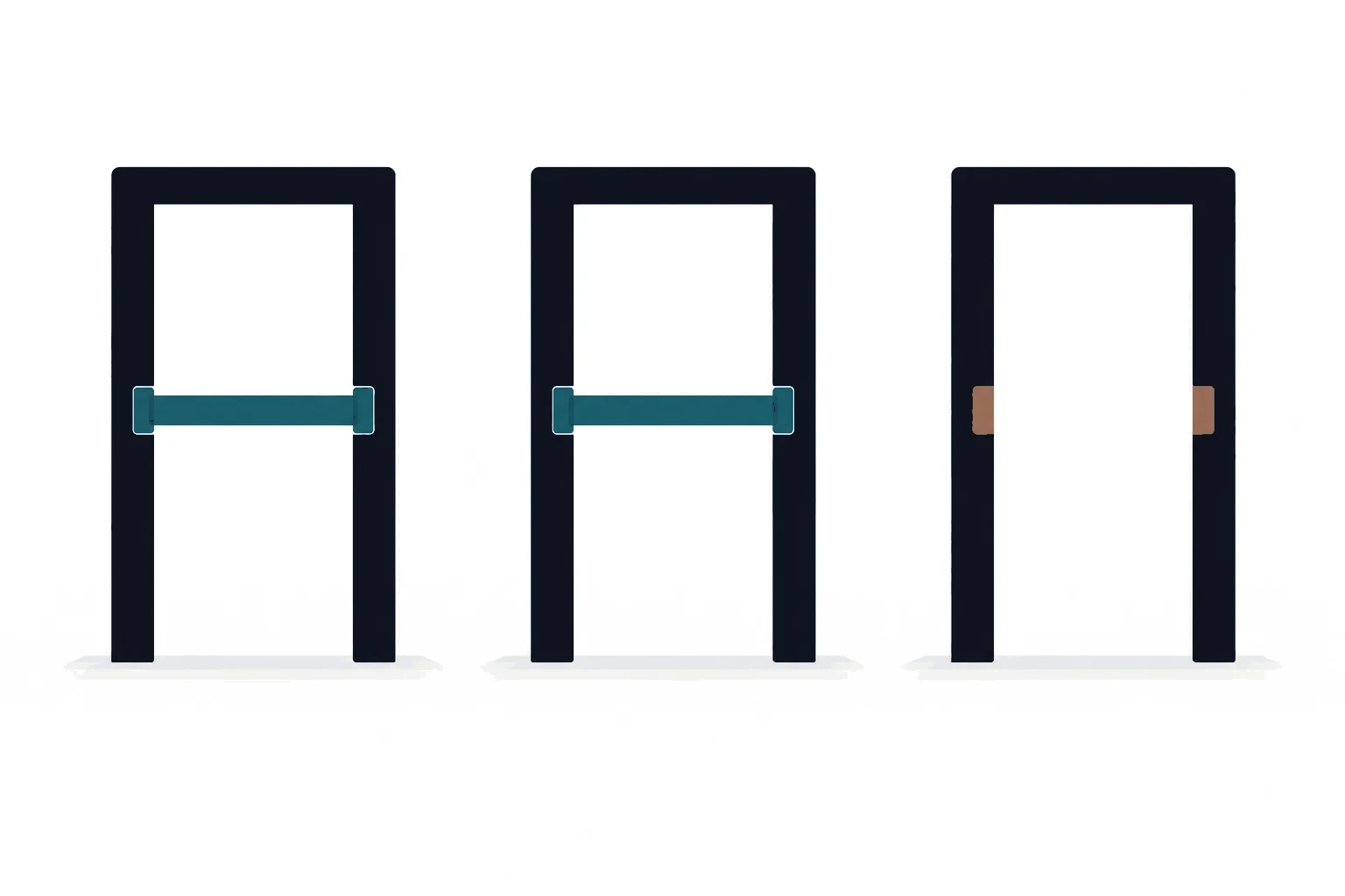 Three door frames side by side: two hold a solid bolt, the third has an empty bolt slot outlined in orange.