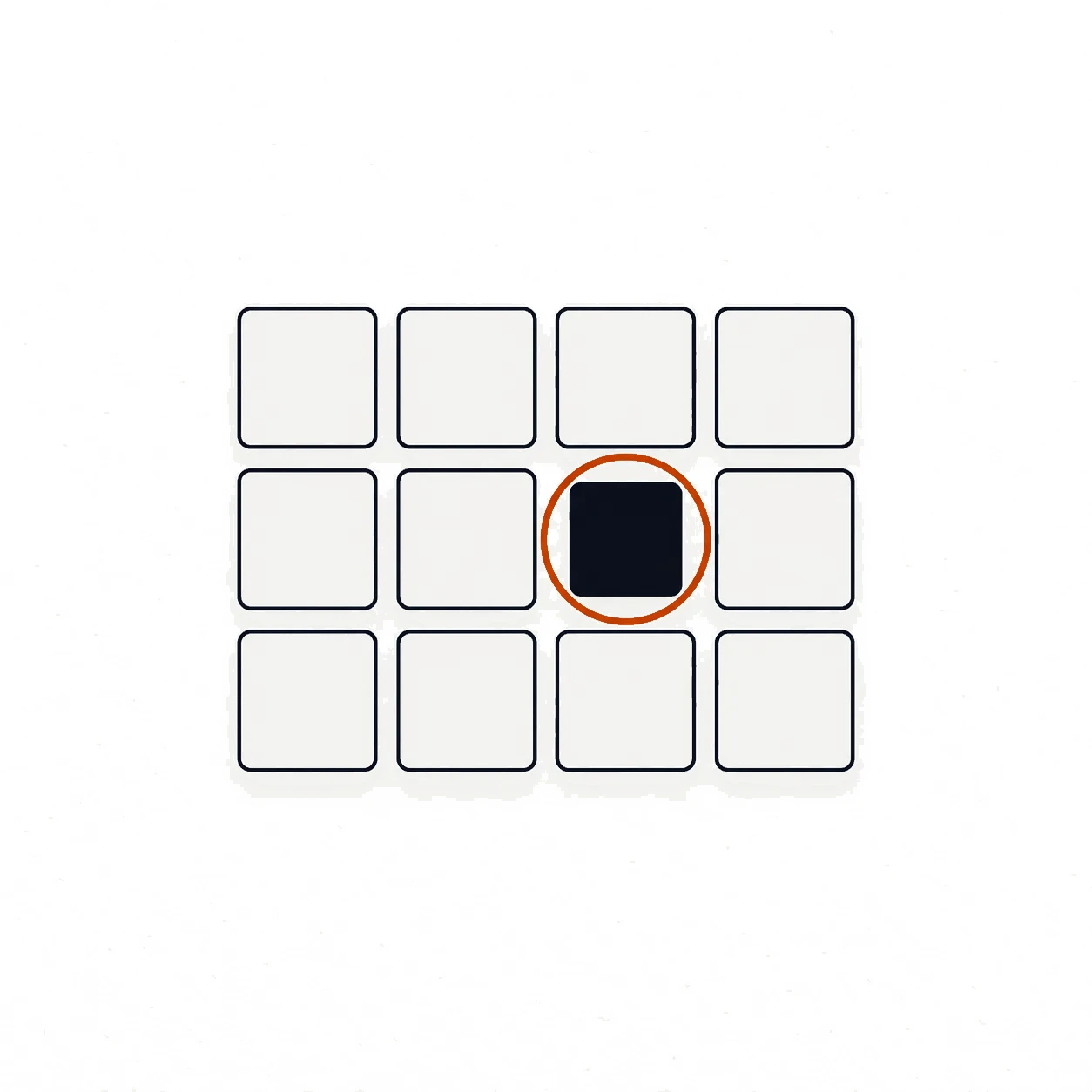 A grid of twelve tiles: eleven are pale against the paper, one is filled solid and ringed in orange.