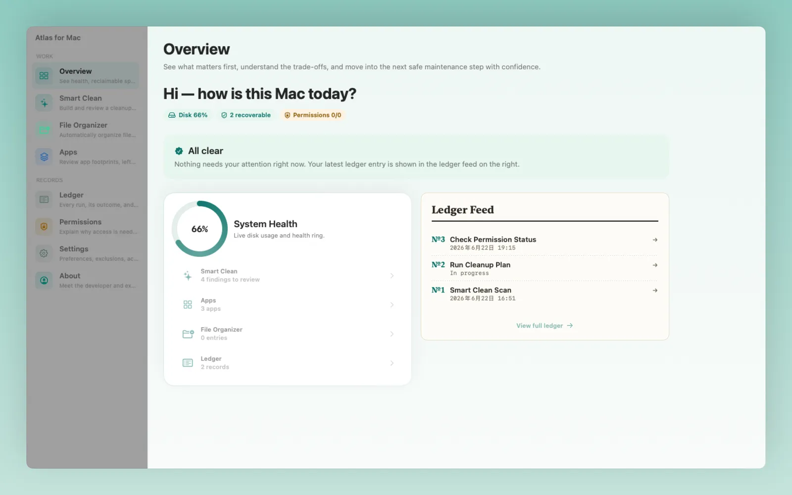 Atlas for Mac: an Overview screen with a system-health ring and a Ledger Feed recording each maintenance action as a numbered, recoverable entry.